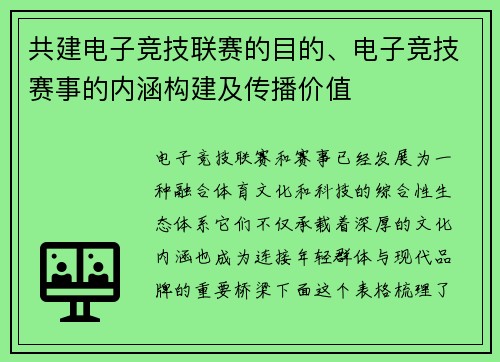 共建电子竞技联赛的目的、电子竞技赛事的内涵构建及传播价值